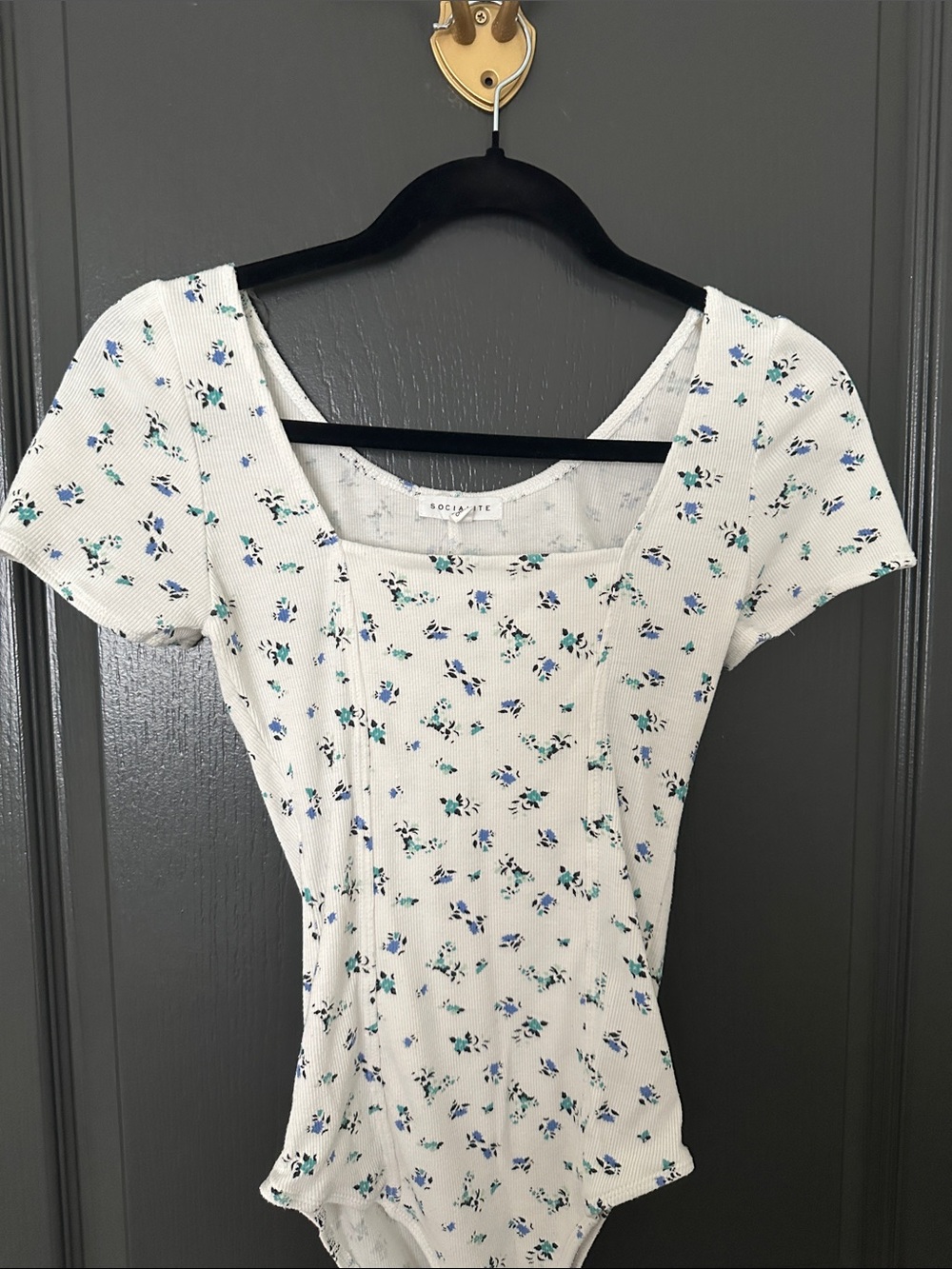 Socialite White Floral Square-Neck Bodysuit with Blue & Green Print